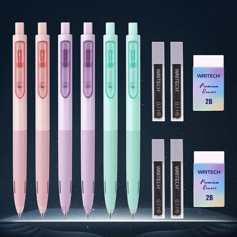 WRITECH Up Mechanical Pencil Set: 6ct Pastel Mechanical Pencils 0.7mm with 4 Tubes of HB Lead Refills and 2 Extra Erasers for Writing Drawing Sket...
