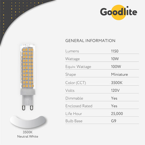 Goodlite G-95922 10W Led G9 120V 1150 Lumens 360 Degree Beam Angle, 100W Equal Light Bulb, 3500K Neutral White Clear...