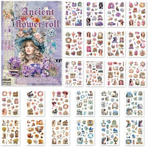 Vintage Aesthetic Washi Stickers Book, 24 Sheets Die-Cut Sticker Book with Ancient Flower Roll Theme for Phone Scrapbook Junk Journal Collage DIY ...