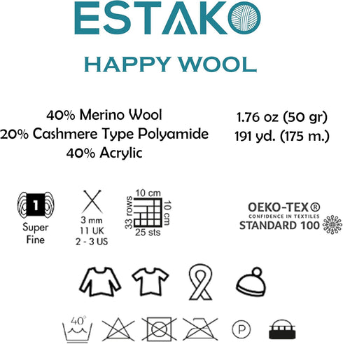 Estako Happy Wool (2 Skeins pack) 40% Merino Wool 20% Cashmere Type Polyamide 40% Acyrlic Fingering weight soft Knitting and Crochet Yarn (2 x 1.7...