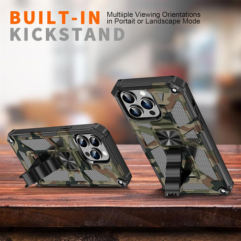 CCSmall Camouflage Case for iPhone 15 Pro with Metal Kickstand, Camo Phone Cover Built-in 360° Rotate Ring Stand Case for iPhone 15 Pro MC Army Gr...