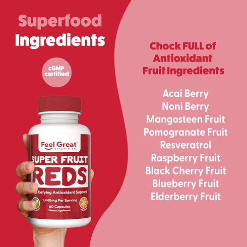 Feel Great Vitamins Superfruit Reds – Antioxidant Superfood with Polyphenols for Anti-Aging & Immune Support – Acai, Mangosteen, Pomegranate, Blue...