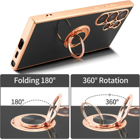 Shockproof Case for Samsung Galaxy S24 Ultra, with 360° Rotatable Ring Holder Magnetic Kickstand, Plating Rose Gold Edge Slim Soft Protective Cove...