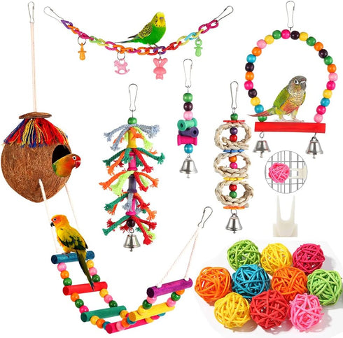Bird Toys 17 Pcs Bird Parakeet Swing Chewing Hanging Toys Climbing Ladder Coconut Bird Cage Toys Suitable for Cockatiels,Conures,Finches,Budgie,Lo...