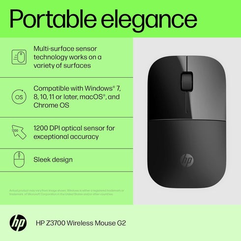 HP Z3700 G2 Wireless Mouse - Onyx Black, Sleek Portable Design fits Comfortably Anywhere, 2.4GHz Wireless Receiver, Blue Optical, for Wins PC, Lap...