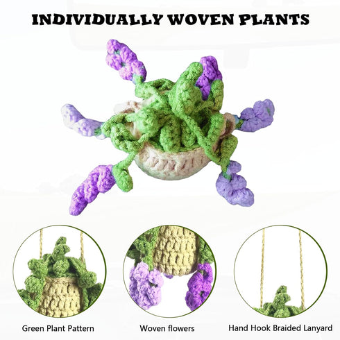 Crochet Hanging Plant for Car Cute Crochet Hanging Basket Flower Ornament Accessories Rearview Mirrior Handmade Knitted Lovers Gifts (Purple Wiste...