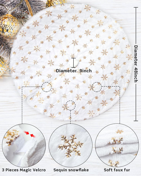 COOLWUFAN 48 Inches Christmas Tree Skirt for Xmas Tree Holiday Party Decoration White Plush Gold Sequin Snowflake (Gold)...