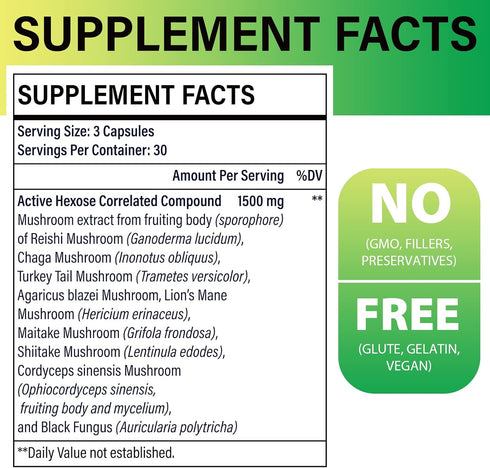 Active Hexose Correlated Compound 1500 mg Supplement, Natural 8 Mushroom Extract Supplement, Immune System, Liver Function, Natural Killer and T C...