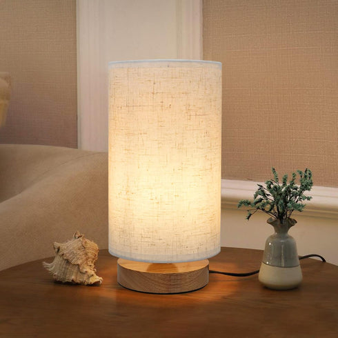 Small Bedside Night Table Lamp for Bedroom, Minimalist Nightstand Lamp with Round Fabric Linen Shade, Study Reading Desk Lamp for Kids Room, Livin...