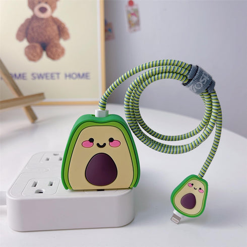 3D Cute Cartoon Charger Protector Case - Compatible for Apple 20W USB-C Power Adapter and Lightning Cable (Green Avocado)...