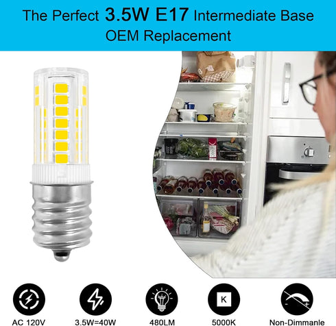 E17 Intermediate LED 3.5W Fridge Light Bulb Replacement Compatible with Kenmore Refrigerator 480LM 110V-130V Daylight White 5000K, Fit for Frigida...