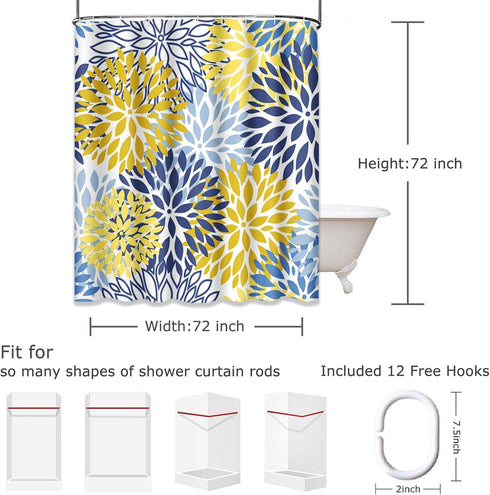 Shower Curtain Green Spring Flower Blue Yellow and Navy Chrysanthemum Brown Waterproof Polyester Fabric Bathroom 72 x 72 Inches Set with Hooks...