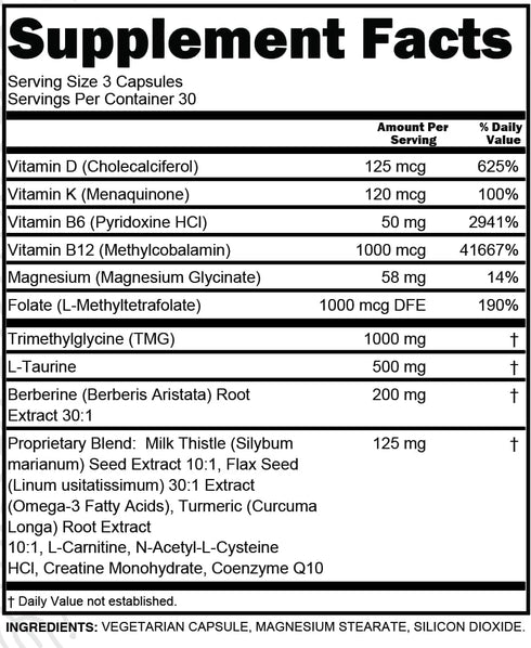 Clean Nutra TMG Taurine Supplement - Methylated Multivitamin with B6 Vitamins, B12, D3 K2, Berberine, Magnesium Methylfolate Milk Thistle Omega 3 ...