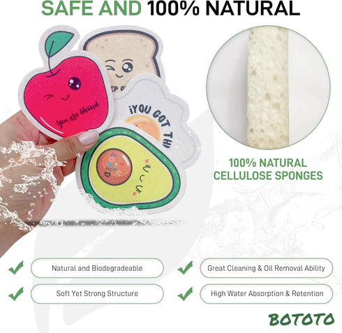 Cellulose Sponges - Pack of 4 Sponges with Fun Shapes and Motivational Words, Perfect for Cleaning - Sturdy and Natural Household Cleaning Sponges...