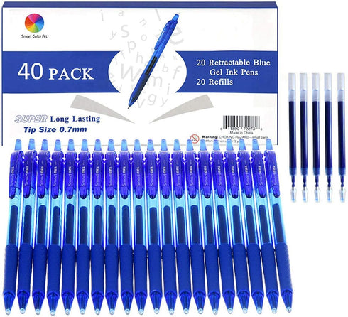 ChicRosa 40 Pack Blue Gel Pens, Retractable Medium Point Gel Ink Pens Smooth Writing for School Office Home, Comfort Grip(20 Pens with 20 Refills)...