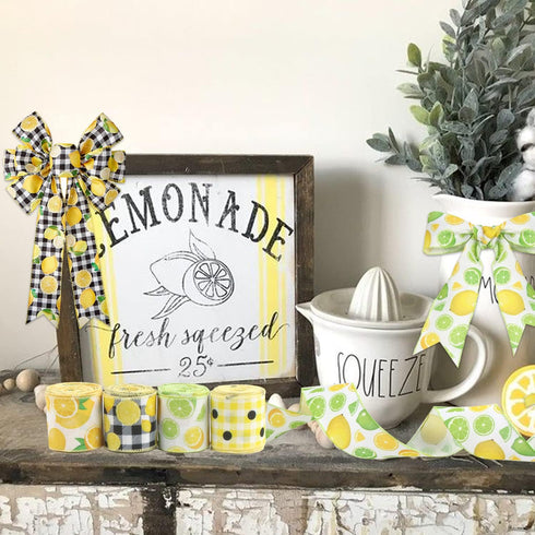 CCINEE 4 Rolls Wired Edge Ribbons with Lemon,2.5 Inch×26 Yards Yellow Satin with Lemon Polka Dot Stripe Plaid Check for Wreath Floral Arrangements...