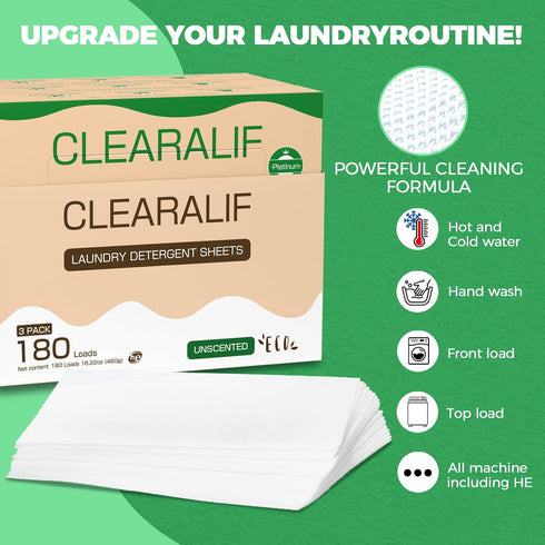 Laundry Detergent Sheets Up to 180 Loads, Fresh Unscented - Great For Travel, Apartments, Dorms, No Plastic, Sustainable, Biodegradable-New Liquid...