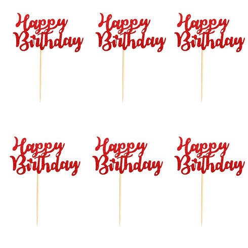 Pack of 48 Pre-Assembled Red Glitter Happy Birthday Cupcake Toppers Cake Food Fruit Picks for Celebrating Birthday Party Decoration Supplies...