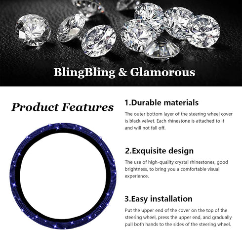 Bling Steering Wheel Cover, Crystal Diamond Steering Wheel Protector for Women Girls, 14-15 Inch Sparkling Rhinestone Decor Accessories, Universal...