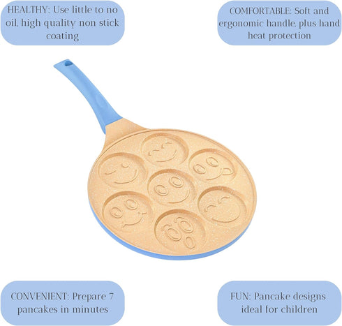 Erreke Nonstick Pancake Pan, 7 Smiley Face Pancake Griddle, Soft Touch Handle Fun Breakfast for Kids, 10.2 in Crepe Pan for Gas Stoves (Blue Color...
