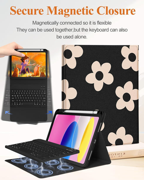 for iPad 10th Generation Case with Keyboard Pencil Holder 10.9 Inch Folio Tablet Cover Women Girls Cute Girly Teens Kawaii Black Flower Unique Des...