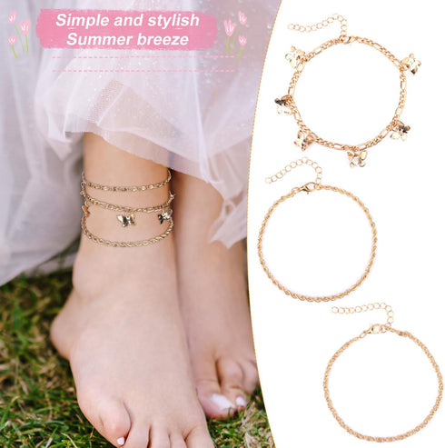 3pcs Women's Anklets, Alloy Waterproof Ankle Bracelets for Women Butterfly Pendant Gold Anklet Ankle Bracelets Set Foot Jewelry for Women...