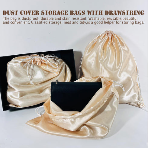 Soft Large Satin Dust Covers Drawstring Bag 5 Pack Silky Fabric For Wigs Purses Handbags Protection Bras Cloth Oganizer (champagne, 13.8x15.8''/35...