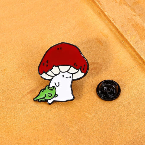 Lovely Mushroom and Frog Enamel Brooch Pin - Charming Lapel Pins Jewelry...
