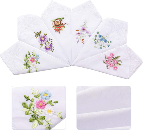 Geyoga 18 Pieces Ladies Cotton Handkerchiefs Flower Embroidered with Lace Colored Embroidered Handkerchiefs for Women...