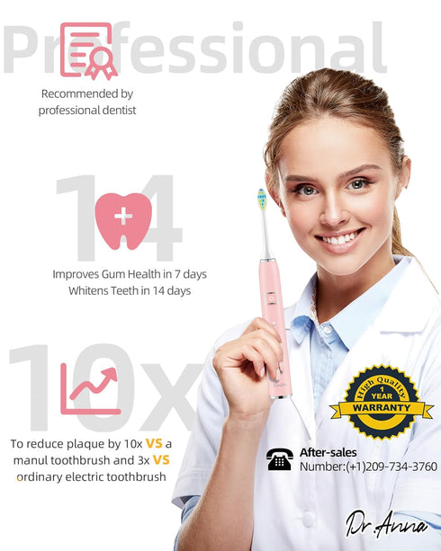7AM2M Sonic Electric Toothbrush with 6 Brush Heads for Adults and Kids, One Charge for 90 Days, Wireless Fast Charge, 5 Modes with 2 Minutes Built...