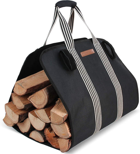 Indoor Heavy Firewood Log Carrier Tote, Oxford Canvas Fabric Foldable Wood Carrier Padded Handles, Outdoor Large Capacity Firewood Carrier Bag wit...