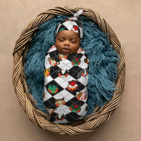 Chinese Zodiac Newborn Swaddle Blanket with Beanie Set Soft Baby Sleep Sack Stretch Adjustable Swaddle Wraps Receiving Blankets...
