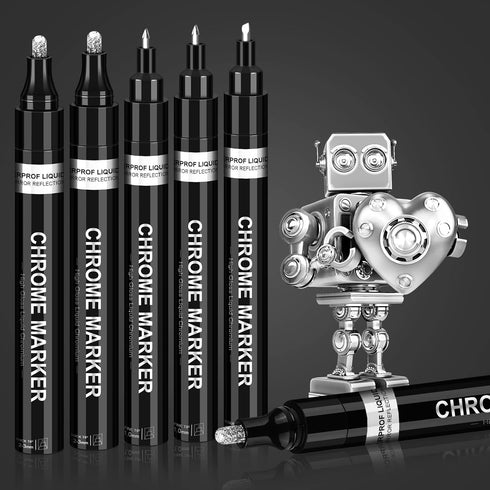5Pcs Silver Liquid Mirror Chrome Markers, Oil-based Permanent Chrome Paint Pens for Model Painting, Repairing, Marking or DIY Art Projects, Waterp...
