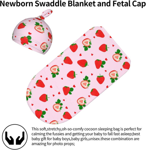 Swaddle Blanket Strawberry Baby Stuff Newborn Baby Swaddling Blanket Sleep Sack with Beanie Hat Sets for Boys Girls Infant and Baby Shower Unisex...
