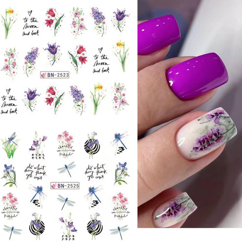12 Sheets Flower Nail Stickers Decals Spring Summer Nail Art Stickers Floral Butterfly Dragonfly Water Transfer Nail Decals Colorful Nail Art Supp...