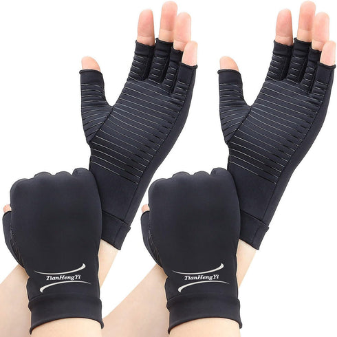 2 Pairs Copper Arthritis Gloves for Women, Compression Gloves for Men for Pain, Fingerless Hand Gloves for Carpal Tunnel, Crochet, Relieve Pain, S...