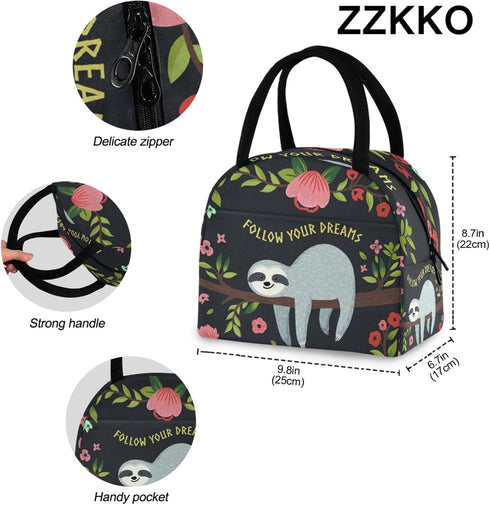 ZZKKO Animal Sloth Follow Your Dream Lunch Bag Box Organizer Lunch Container Insulated Zipper Meal Prep Cooler Handbag For Women Men Home School O...