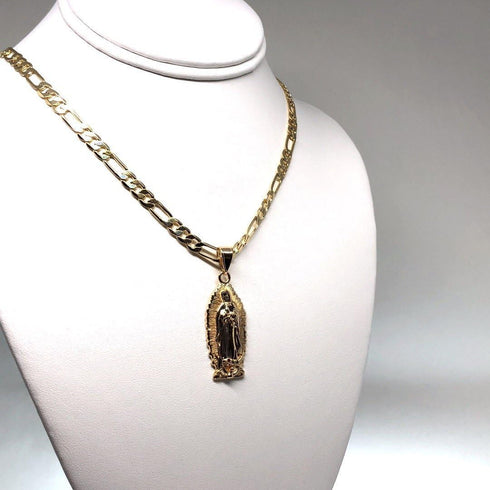 Gold Plated Virgin Mary Pendant Necklace Figaro 26" Virgen de Guadalupe Medalla Oro Laminado...