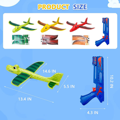 3 Pack Dino Airplane Launcher Toys, 2 Flight Modes Foam Glider Catapult Plane Toy for Boys, Outdoor Dinosaur Flying Toys Kids Birthday Gifts for B...