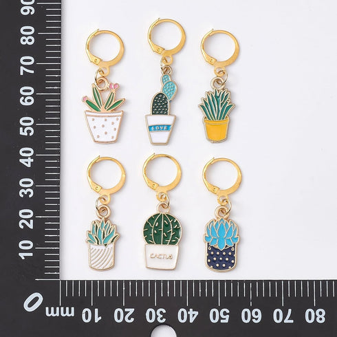 Stiesy Pot Plant Theme Stitch Markers with Brass Leverback Clasps Enamel Cactus Locking Crochet Stitch Marker Charms DIY Handmade Gift for Weaving...
