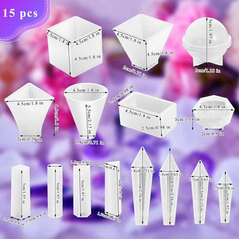 15 Pieces Crystal Resin Molds Pendulum Silicone Crystal Molds Include Pyramid, Round Cone, Sphere, Triangular Cone, Multi-Facet Gemstone Cube Resi...