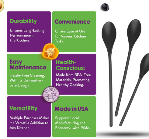 Crisp 3 Piece Poly Mixing Spoon Set - Plastic, Durable Kitchenware, Dishwasher Safe - Made in the USA - Black...