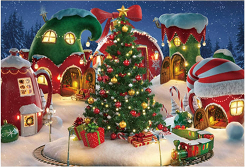 Funnytree 7x5FT Cartoon Christmas Village Photography Backdrop Winter Snow Pine Tree Background Xmas Fairy Tale Animated Kid Party Photo Booth Ban...
