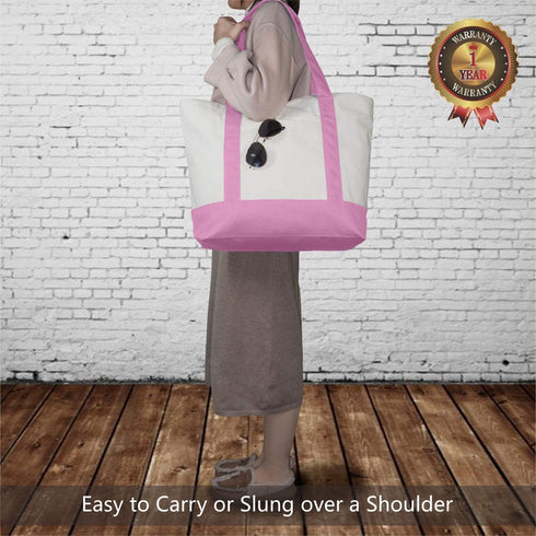 TOPDesign 1-Pack Canvas Tote Bag with an External Pocket, Reusable Grocery Shopping Bag, Top Zipper Closure, Daily Essentials (Pink/Natural)...