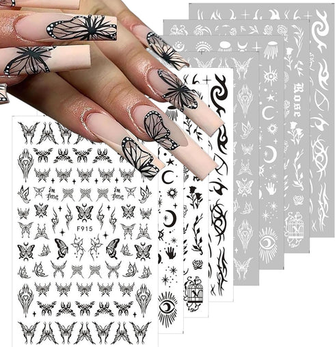 Butterfly Nail Stickers 3D Self-Adhesive Rose Nail Art Stickers Gothic Design Star Nail Decals Black Sun Moon Flame Flower Nail Art Supplies for W...