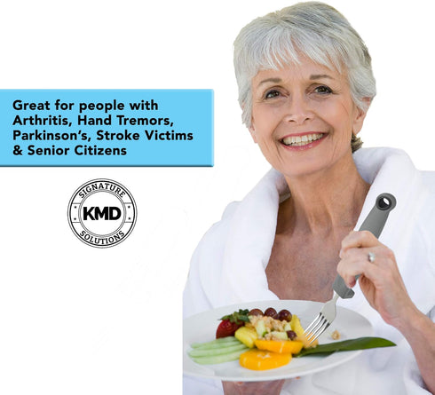 KMD Adaptive Utensils Set with Weighted and Self-Standing Handles (4-Piece), Fork, Knife, and 2 Spoons for Arthritis, Parkinson’s, Tremors, Elderl...