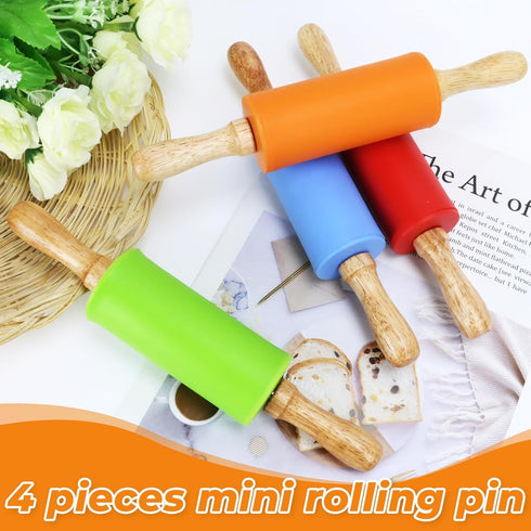 4 Pack Mini Rolling Pin for Kids, 9 Inch Wooden Handle Rolling Pin Non-Stick Silicone Rolling Pins for Children Cake Baking...