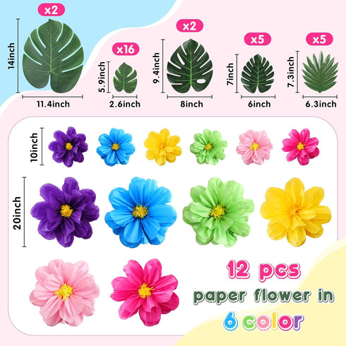 42 Pcs Tissue Paper Flowers Faux Palm Leaves Set 12 Pcs 20''/10'' Colorful Giant Paper Flowers and 30 Pcs Tropical Leaves for Summer Hawaiian Luau...