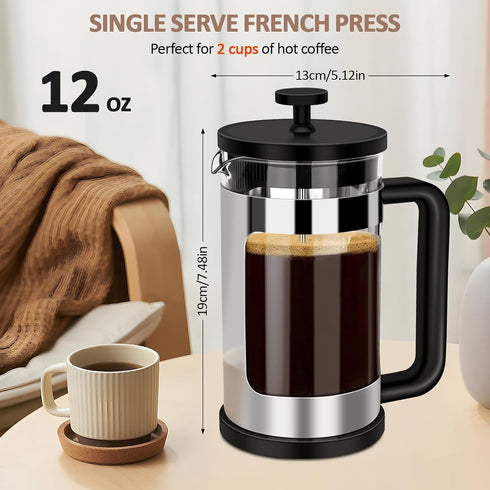 RAINBEAN French Press Coffee Maker 12 Oz, Mini Coffee Press 1 Cup, Single Serve French Press, With 3 Filterations, Heat Resistant Thickness Borosi...