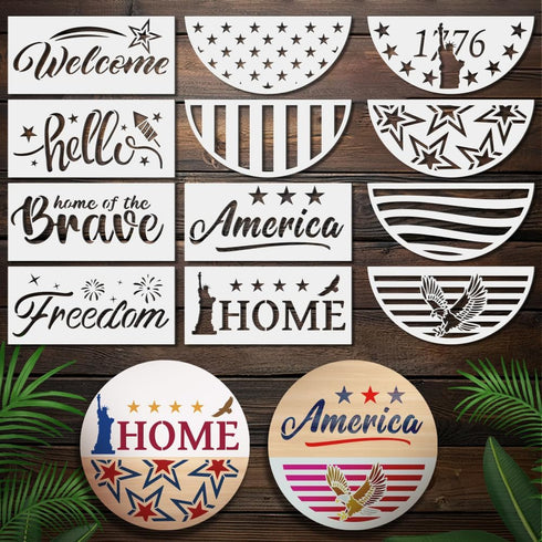 12pcs Independence Day Welcome Stencil for Painting on Wood 4th of July Half Round Stencils 12inch Free Combination America Flag Freedom Star Sten...